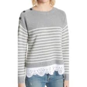 Joie Aefre Size M Gray White Striped Pullover Sweater Wool Cashmere Eyelet Hem